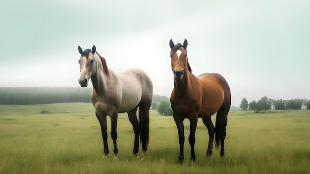 Dois cavalos parados em um campo com um céu nublado ao fundo.