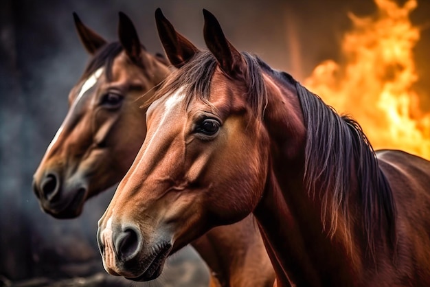 Dois cavalos parados em um estábulo lutando contra o fogo ao fundo IA generativa