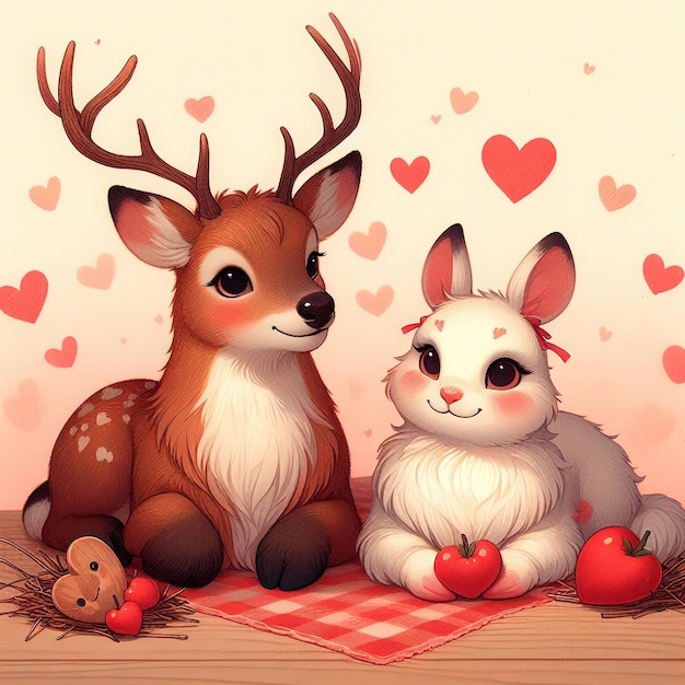 dois cervos estão sentados em uma mesa com corações e uma caixa em forma de coração com as palavras amor sobre ele