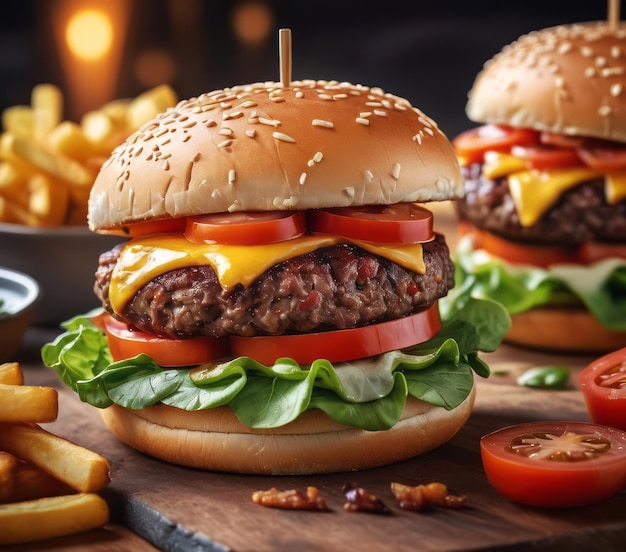 Dois cheeseburgers com batatas fritas e tomates em uma tábua de madeira coberta com tomate de alface e queijo