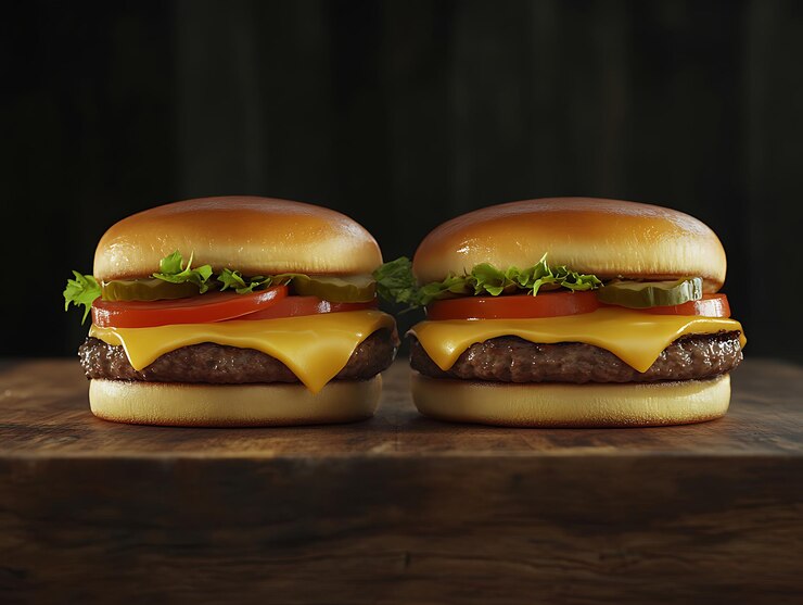 Foto dois cheeseburgers com uma fatia de tomate em cima