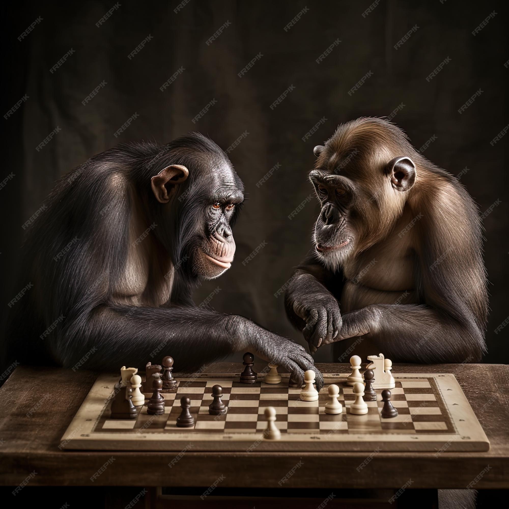 Dois chimpanzés estão jogando xadrez em um tabuleiro de xadrez.