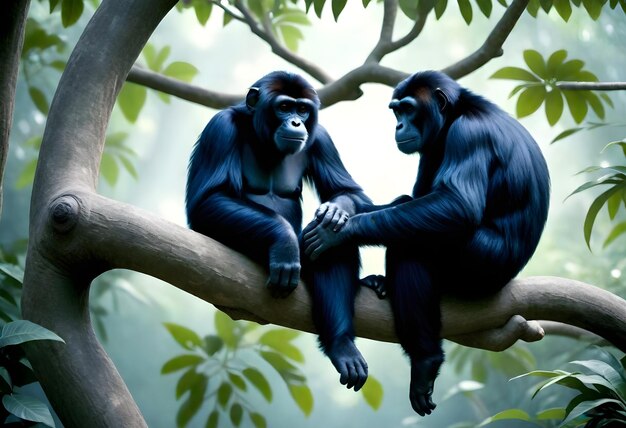 Foto dois chimpanzés sentados numa árvore com um deles a olhar para a câmara