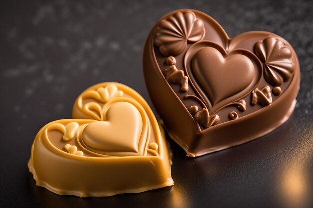 Dois chocolates estão sobre uma mesa, um dos quais em forma de coração.