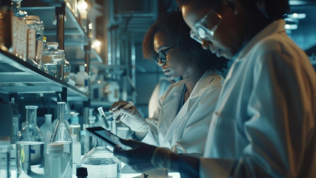 Dois cientistas concentrados em pesquisa num ambiente de laboratório de alta tecnologia