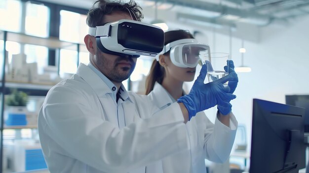 Foto dois cientistas usando fones de ouvido de realidade virtual trabalham em um laboratório. eles estão olhando para um copo de líquido.