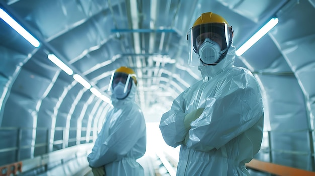 Foto dois cientistas usando máscaras de proteção estão em um túnel