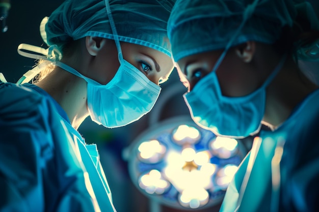 Foto dois cirurgiões estão em uma sala de cirurgia de um hospital vestindo roupas cirúrgicas azuis