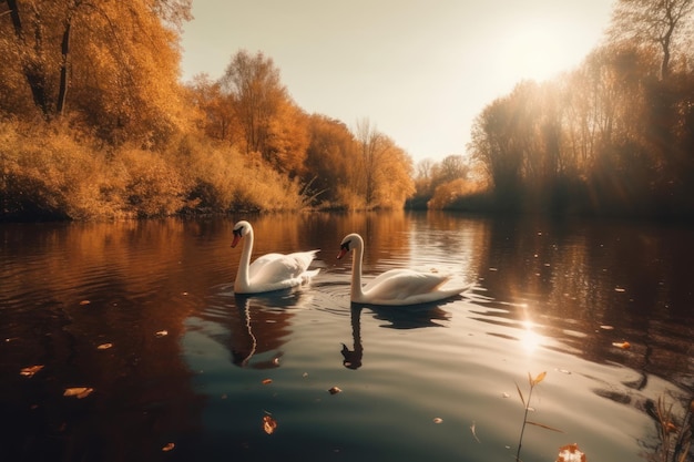 Dois cisnes a nadar num lago no outono.