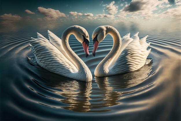 Dois cisnes fazendo forma de coração na água