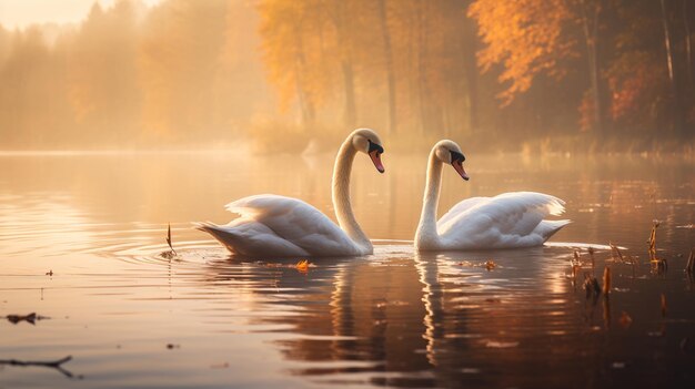 Foto dois cisnes nadando em um lago nebuloso ao nascer do sol