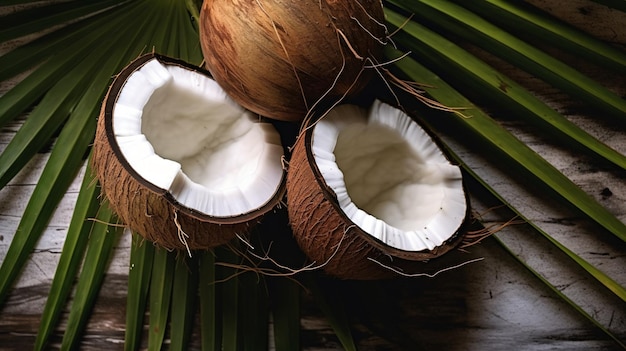 dois cocos estão deitados ao lado de uma folha de palmeira