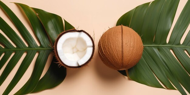 Foto dois cocos estão sentados em folhas verdes e um está meio aberto.