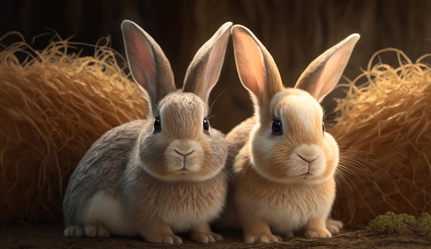 Dois coelhos adoráveis sentados um ao lado do outro Generative AI