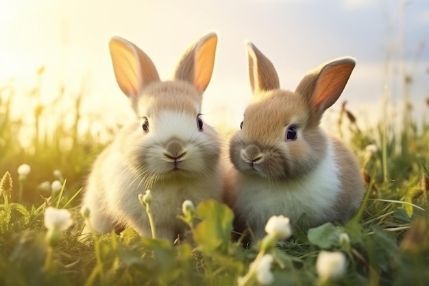 Foto dois coelhos bonitos a amar e a brincar juntos na grama verde do prado.