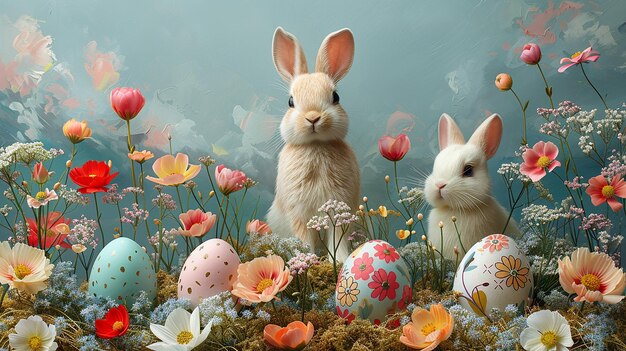 Dois coelhos coelhos estão sentados num jardim com ovos de Páscoa