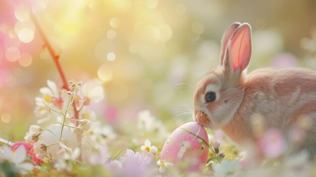 Foto dois coelhos com ovos de páscoa na boca celebrando um evento de férias