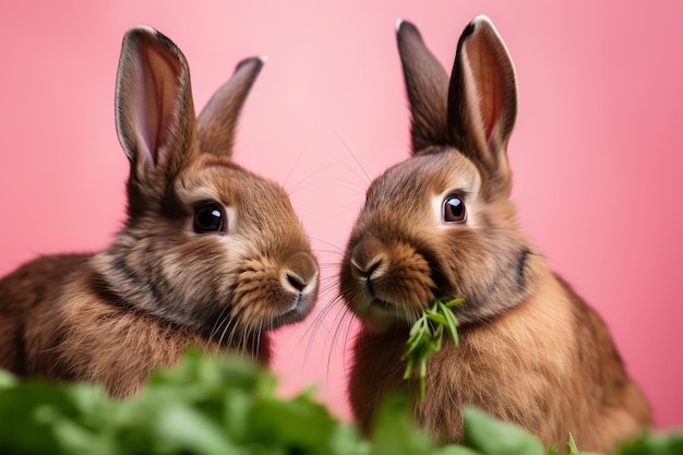 Foto dois coelhos comendo alface na frente de um fundo rosa