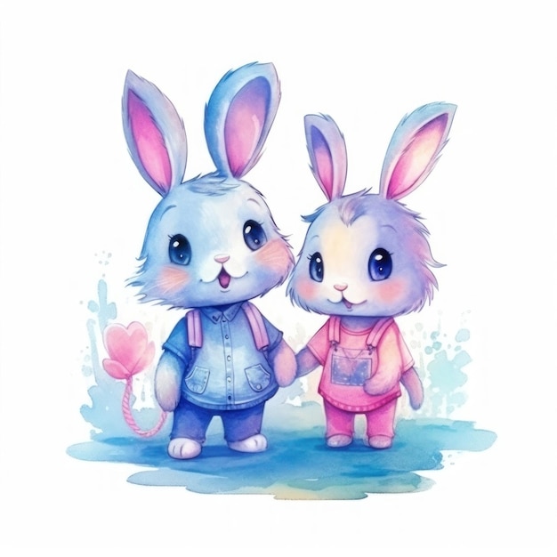 Dois coelhos de desenho animado estão de pé na neve com um segurando uma flor.