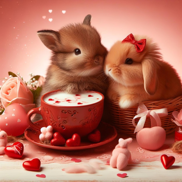 dois coelhos estão sentados em uma cesta com uma chávena de leite e um morango