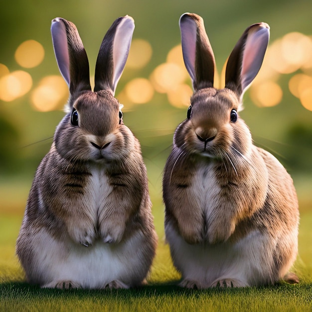 Dois coelhos na grama verde em um casamentoGenerative AI