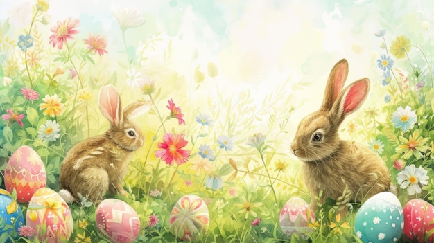 Dois coelhos num campo de flores e ovos de Páscoa na relva