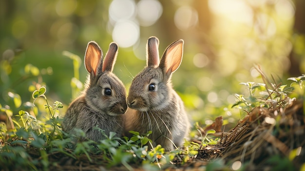 Foto dois coelhos posando no campo