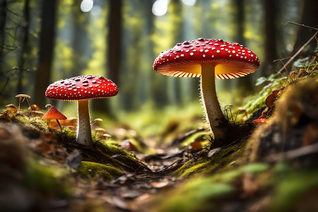 dois cogumelos vermelhos na floresta com um ponto vermelho na parte superior