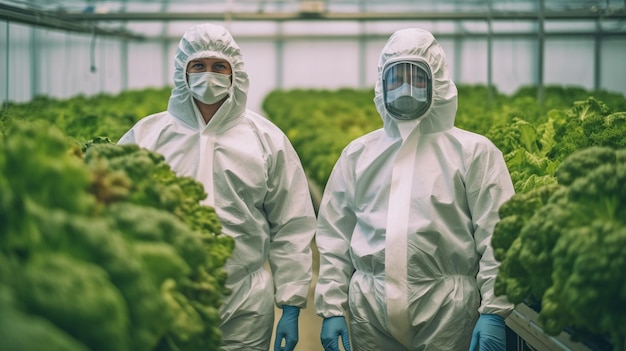 Dois colegas de trabalho ao lado de treliças verticais com vegetais de folhas verdes crescendo em uma estufa enquanto usam máscaras de segurança e roupas de proteção usando IA generativa