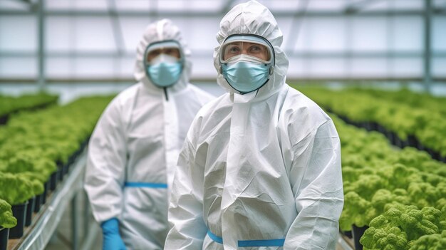 Dois colegas de trabalho ao lado de treliças verticais com vegetais de folhas verdes crescendo em uma estufa enquanto usam máscaras de segurança e roupas de proteção usando IA generativa