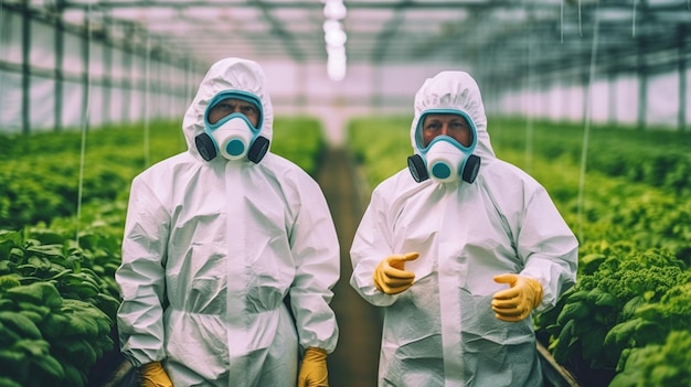 Dois colegas de trabalho ao lado de treliças verticais com vegetais de folhas verdes crescendo em uma estufa enquanto usavam máscaras de segurança e roupas de proteção usando IA generativa