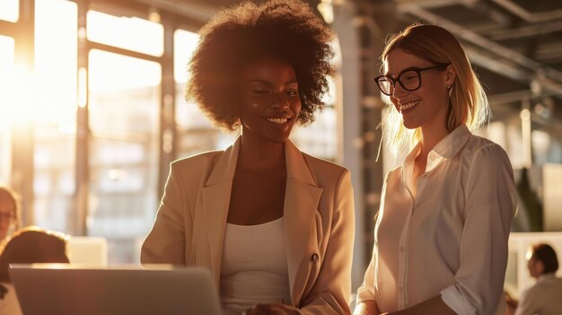 Dois colegas de trabalho estão discutindo ativamente questões de trabalho no escritório