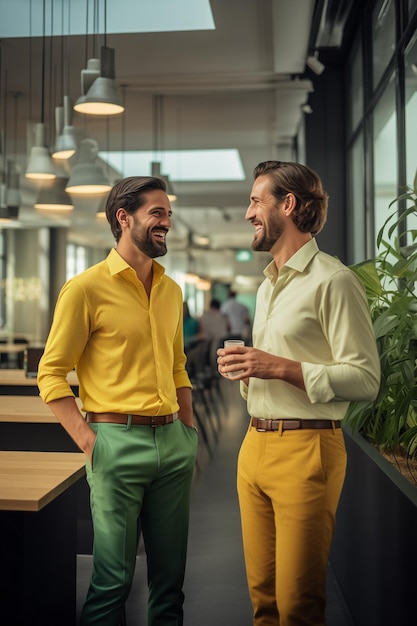 Foto dois colegas de trabalho felizes vestindo camisas amarelas e verdes estão discutindo o trabalho em um escritório moderno