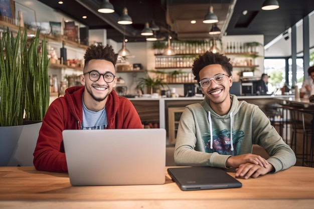 Dois colegas trabalhando em uma cafeteria com um laptop gerado por IA