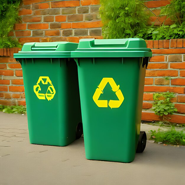 dois contentores de reciclagem verdes com um logotipo de reciclador amarelo na frente