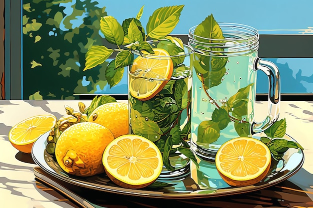 Dois copos cheios de limões e folhas de hortelã está na mesa nos raios do sol de verão Gen