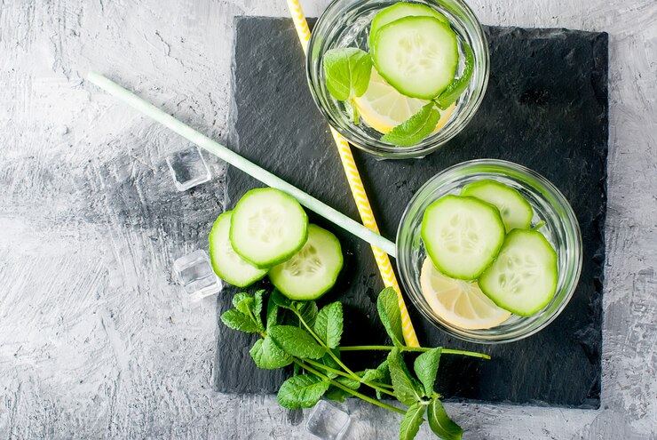 Foto dois copos com pepino orgânico fresco de desintoxicação, água com limão e hortelã