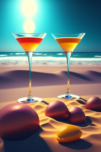Dois copos de álcool na praia com o sol brilhando sobre eles.