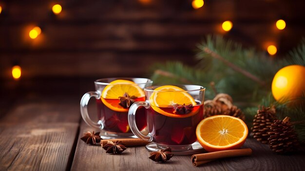 Dois copos de álcool tradicional de Natal bebem vinho quente com canela, anis e laranjas