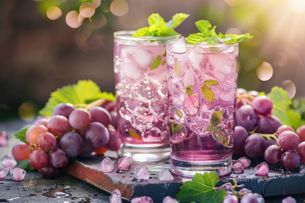 Dois copos de bebida rosa com cubos de gelo e um feixe de uvas na mesa A bebida é rosa e tem sabor a hortelã