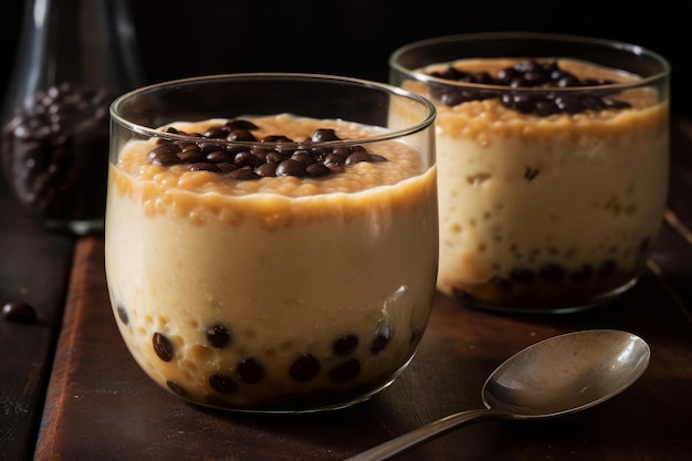 Dois copos de café com chocolate e grãos de café sobre uma mesa