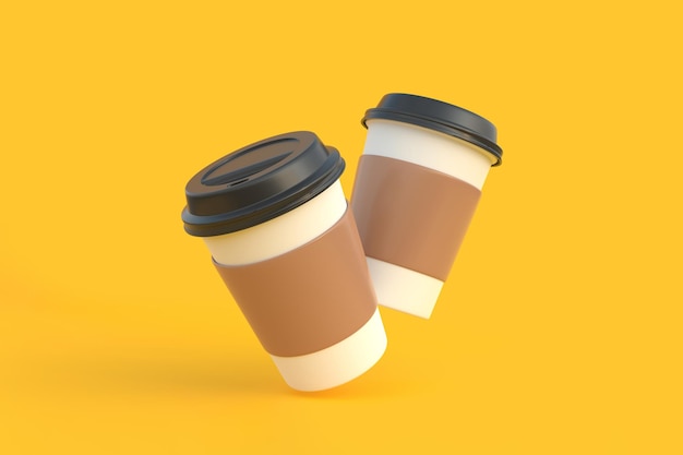 Dois copos de café de papel descartáveis com tampa preta no ar sobre fundo amarelo render 3D