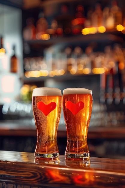 Foto dois copos de cerveja com uma decoração de coração vermelho perfeito para celebrações do dia dos namorados