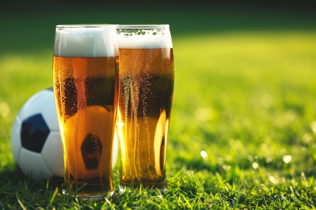Dois copos de cerveja de pé na grama do campo com uma bola