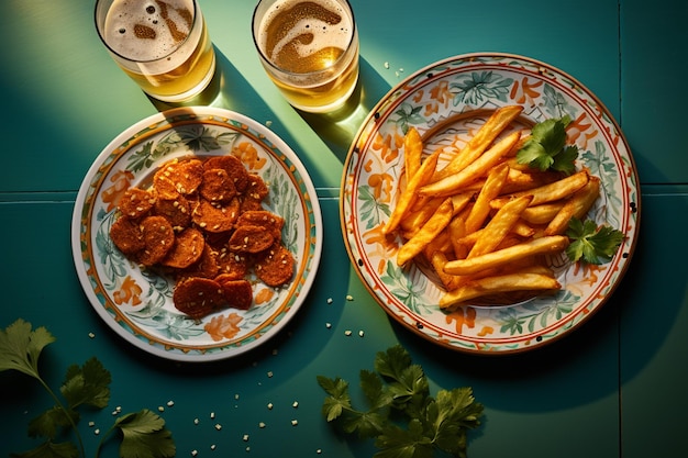 Dois copos de cerveja e batatas fritas em um fundo de madeira Closeup Comida bebidas Festa de celebração