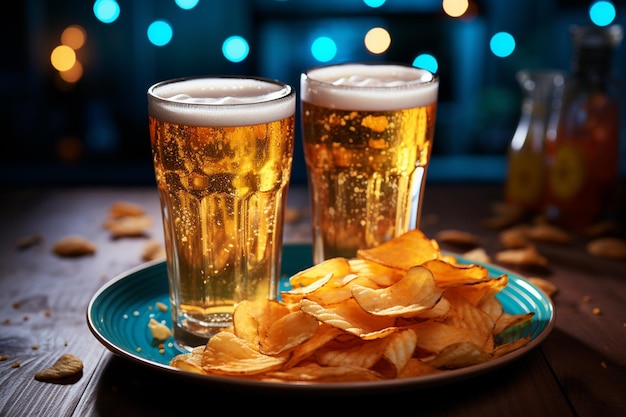 Dois copos de cerveja e batatas fritas em um fundo de madeira Closeup Comida bebidas Festa de celebração