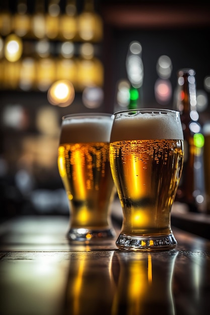 Foto dois copos de cerveja em um balcão de bar