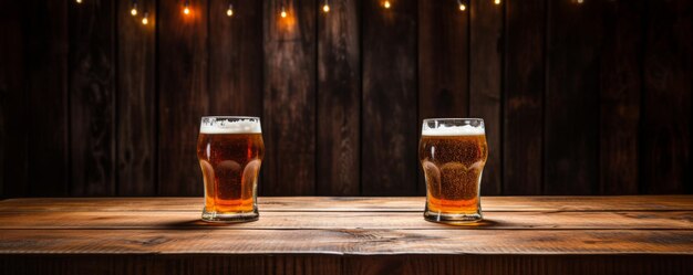 Foto dois copos de cerveja em uma mesa de madeira em um pub ia generativa