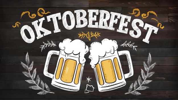 Dois copos de cerveja escritos Oktoberfest no fundo