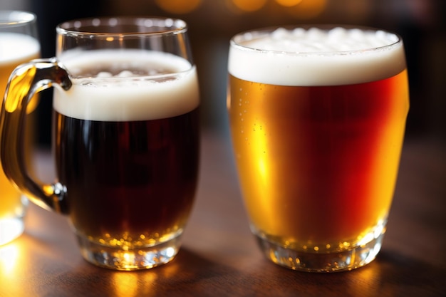 Dois copos de cerveja estão em um bar, sendo um deles uma cerveja.